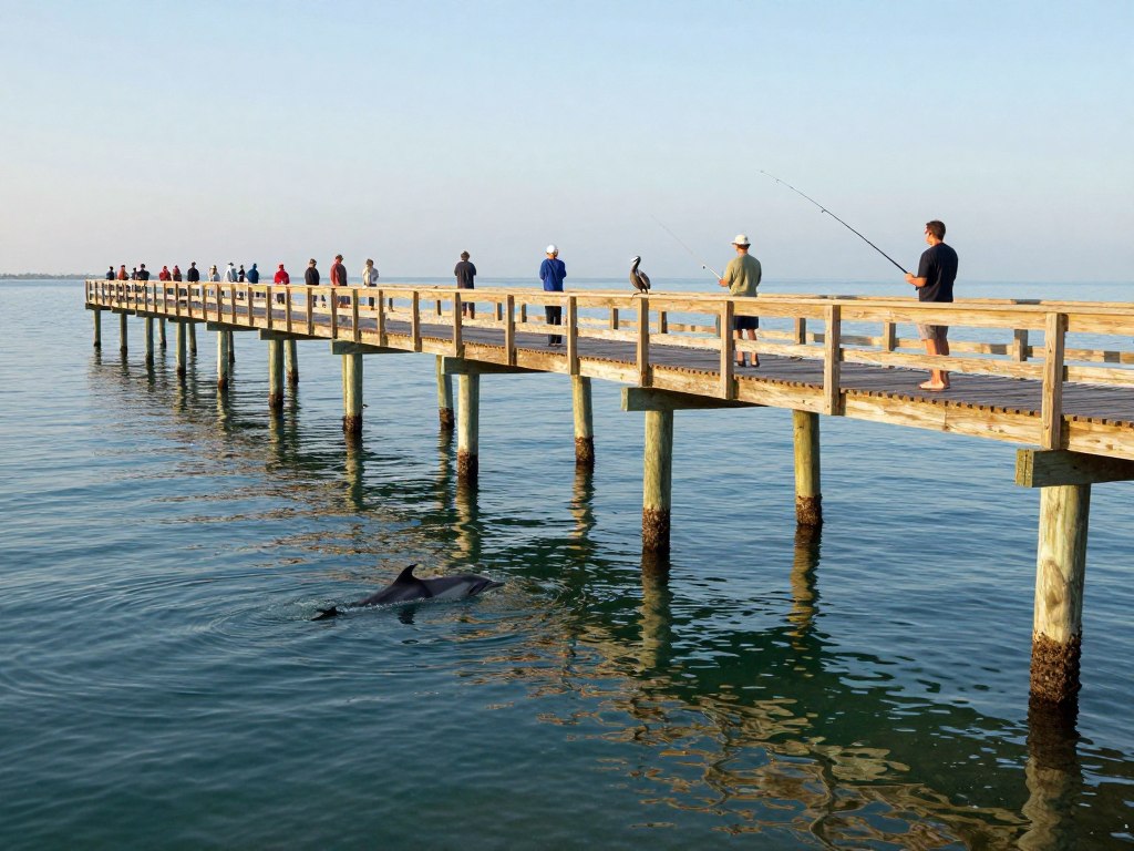 Anglers fishing from Rod and Reel Pier with dolphins in background Anglers fishing from Rod and Reel Pier with dolphins in background