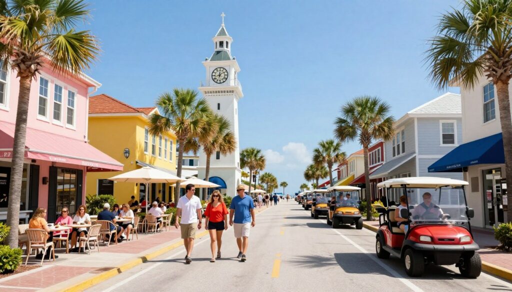 Bridge Street Bradenton Beach with historic clock tower and shops Bridge Street Bradenton Beach with historic clock tower and shops