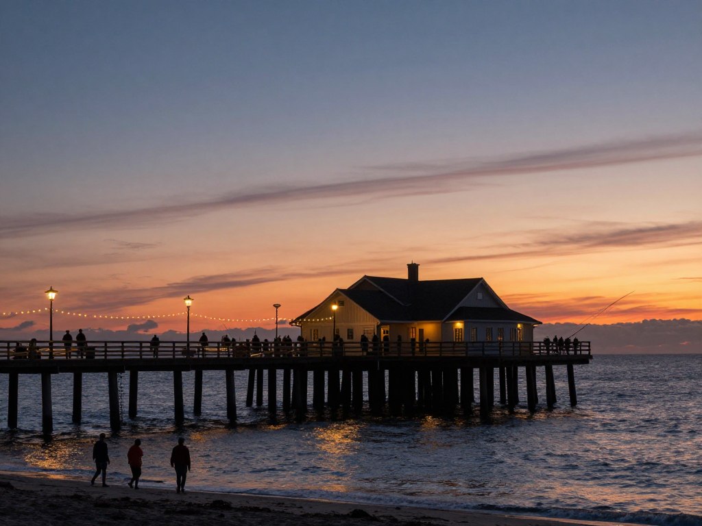 Bridge Street pier at sunset with people walking and fishing Bridge Street pier at sunset with people walking and fishing
