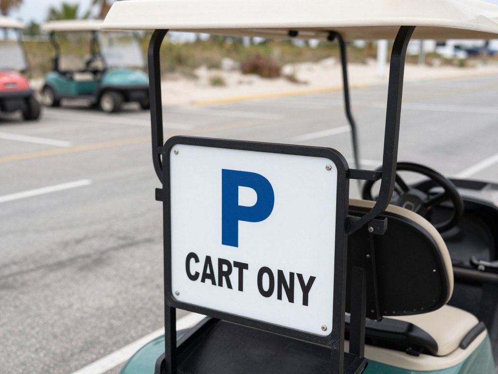 Golf cart parked at designated parking spot with Golf Cart Only sign Golf cart parked at designated parking spot with Golf Cart Only sign