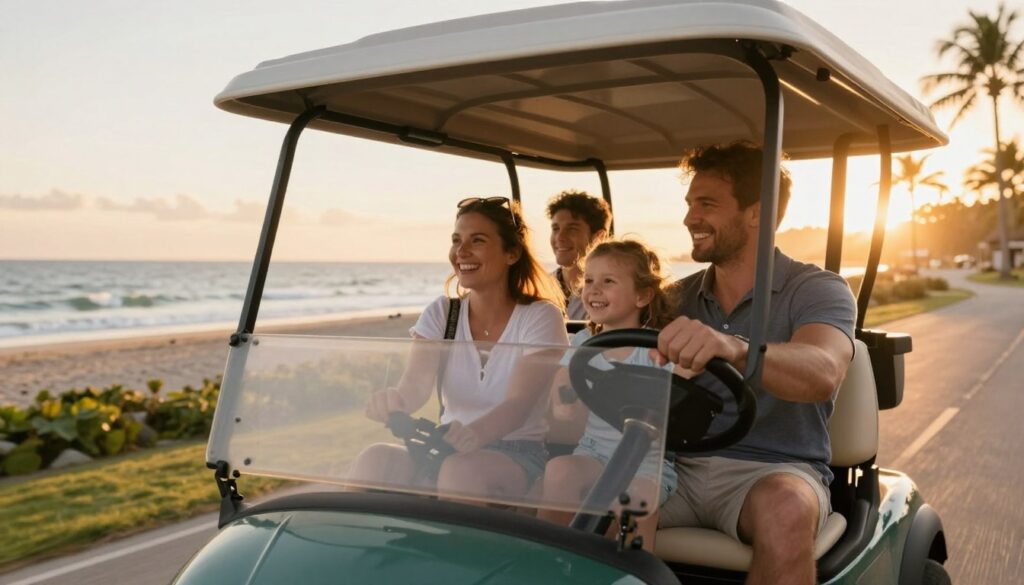 Happy family in golf cart on Anna Maria Island beach road at sunset Happy family in golf cart on Anna Maria Island beach road at sunset