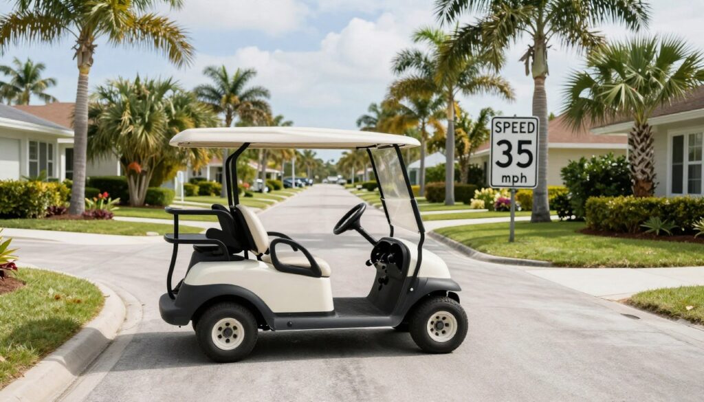 Street legal golf cart on residential Anna Maria Island road with palm trees Street legal golf cart on residential Anna Maria Island road with palm trees