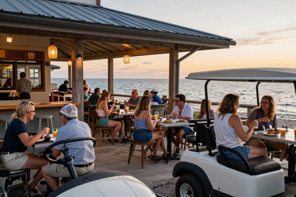 Waterfront dining at Bridge Street with golf carts parked nearby Waterfront dining at Bridge Street with golf carts parked nearby