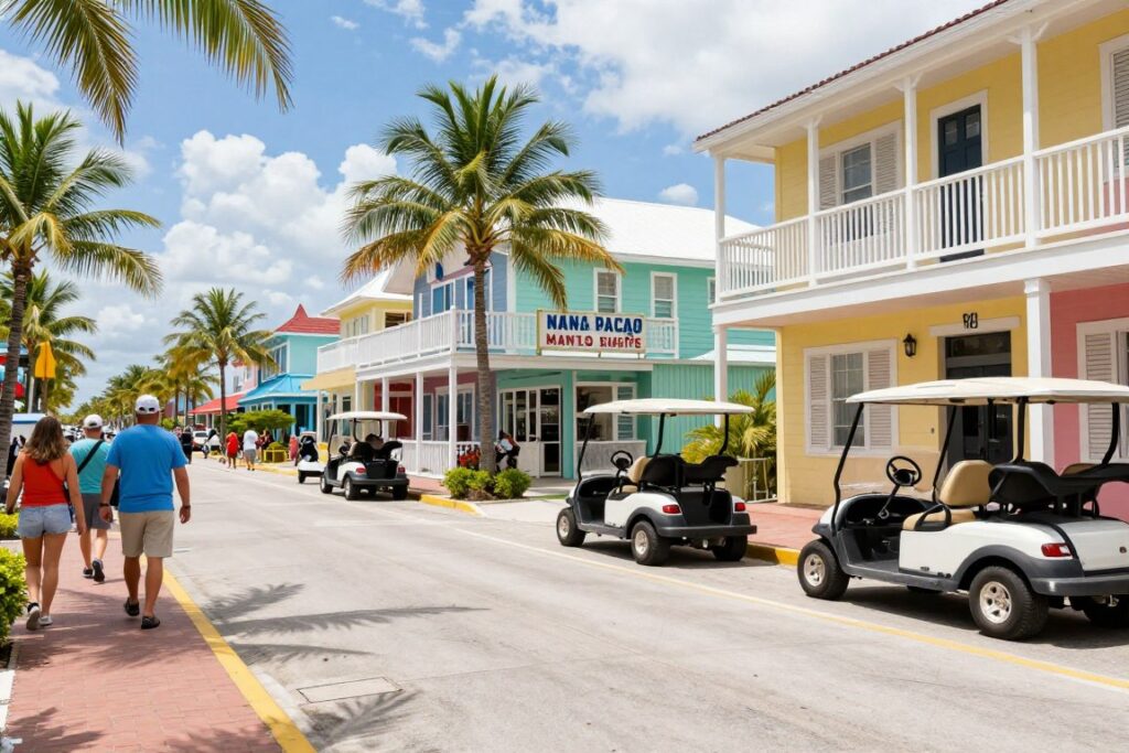 Anna Maria Island Pine Avenue with golf carts parked Anna Maria Island Pine Avenue with golf carts parked