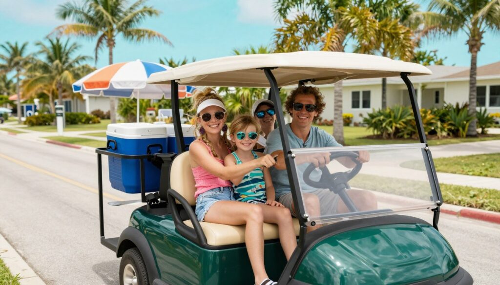 Family enjoying golf cart ride on Anna Maria Island Family enjoying golf cart ride on Anna Maria Island
